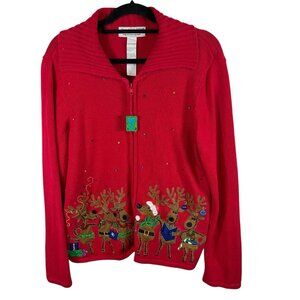 Vintage Tiara International Christmas reindeer full‎ zip sweater woman's size XL